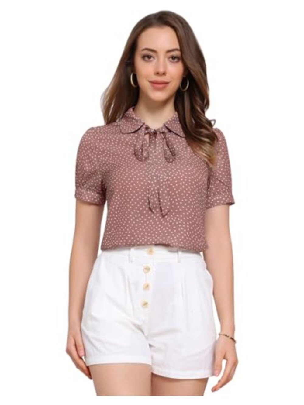 Women Polka Dot Chiffon Bow Tie Peter Pan Collar Blouse Short Sleeve